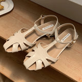 Bonnyshow  Fashion Hollow T-tied Design Brand Sandals Women Comfort Ankle Strap Buckle Chunky Heel Rome Shoes Summer Dress Zapatos De Mujer