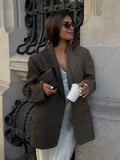 Bonnyshow  Retro Plaid Jacket Women Loose Fit Coat 2025 Casual Long Sleeve Lapel Single Chest Pocket Outerwear Autumn Daily Solid Jacket
