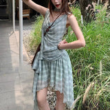 Bonnyshow  Fashionable Irregular Mini Dress Female Clothing Plaid Summer New Swinging Collar Drawstring Hotsweet Sleeveless Vintage Dresses