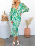 Bonnyshow  Summer Fashion New Style Women's Dress Elastic Waist Long Sleeve V-neck Printed Ruffle Edge Tight Hip Wrapping Dress