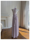 Bonnyshow  Womens Elegant Purple Halter Neck Maxi Dress Ruffled Neckline Ruched Waist Floral Detail Formal Evening Party