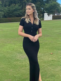 Bonnyshow  Knitted Women Bodycon Dress Sexy V-Neck Short Sleeve Split Long Dresses Autumn Black High Street Casual Party Vestidos