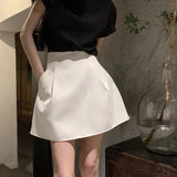 Bonnyshow Black White High Wiast Puffy Short Skirts Women All-Match Y2K Pocket A-Line Skirt Female Korean Work Style Suit Skirt