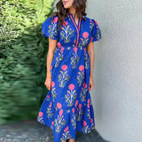 Bonnyshow  Casual Print Women Mid Dress 2025 Summer Puff Short Sleeve O-neck Button Pleated Female Dresses Fashion Pocket Lady Robe