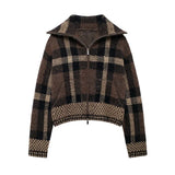 Bonnyshow  Vintage Plaid Zipper Sweater Coat Women Elegant Knitted Thick Brown Sweaters With Pockets Female Versatile Street Daily Outwear