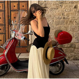 Bonnyshow  Patchwork Contrast Women' Dresses Elegant O-neck Backless Sleeveless Waist Cinching Maxi Dress Female Summer Lady Party Vestidos