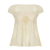 Bonnyshow  Fashion Lace Sheer Chic Summer New Women T-Shirts Fake 2 Piece Sweet Cute Bow Solid Blouses