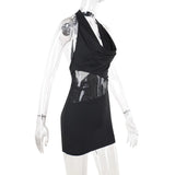 Bonnyshow  Female Backless Vestidoes Summer Sexy Halter Sleeveless Bodycon Party Dresses Elegant Bright Silk Patchwork Mini Dress for Women