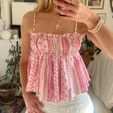 Bonnyshow  Women Y2k Peplum Tank Top Boho Beach Spaghetti Strap Camisole Aesthetic Frill Trim Shirts Graphic Print Crop Tops