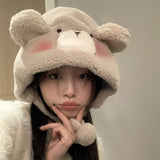 Bonnyshow Winter Plush Hat for Women Cute Cartoon Bear Ears Female Windproof Cap Solid Color Warm Lamb Fleece Ear Protection Hats