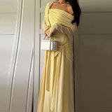 Bonnyshow  Solid Off Shoulder Asymmetric Straps Maxi Dress Long Sleeve Fitted Patchwork 2025 Summer Elegant Vestidos Chic Party Lady Robe
