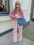 Bonnyshow  Sweet Women Pink Printed Plaid Long Pants Fashion Pockets Button High Waist Straight Trouser Female Spring  High Streetwear