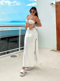 Bonnyshow  2 Piece Bikini Sets Summer Sexy Strapless Halter Lace up Swimsuit Vintage White Bathing Suit Beach Pool Party Dress Set C5