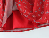 Bonnyshow  Sexy Red Floral Print Ruched Chest Deep V neck Short Sleeve Mini Dress Woman Tie Bow Sashes A-lined Dresses Femme Vestidos