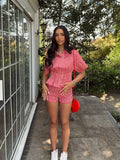 Bonnyshow  Casual Plaid Women's Shorts Set Lapel Short Sleeve Waist Cinching Pleated Shirt Top Checkered Short Pant Female Beach Outfit