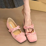 Bonnyshow  Women's Fashion Inner Increase Heel Shoes Spring New Square Head Shallow Mouth Suede Butterfly Knot Non-slip Heel Shoes