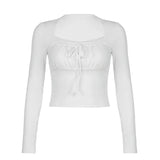 Bonnyshow Bandage Folds Square Collar Crop Top Women Fairycore y2k White T Shirts Basic Knitted Elegant Tees Vintage 2000s Clothing