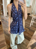 Bonnyshow  French Blue Floral Neck Sling Women'S Fashion Backless V-Neck Vacation Leisure Mid Length Hanging Neck Dress New