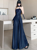 Bonnyshow  Advanced retro Tencel denim suit women's summer fashion sequin strapless top high waist wide leg pants skirt two-piece set