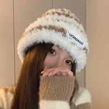 Bonnyshow Korean Striped Plush Hat Women Winter Warm Faux Fur Beanie Cap Solid Color Fluffy Windproof Female Ear Protection Hats