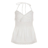 Bonnyshow  Fashion Sweet A-Line French Chic Women Camisole Tops Summer Cute Simple Causal Lace Up Blouses