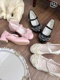 Bonnyshow  Lolita Style Lace Bow Mid-heel Leather Shoes Sweet and Cute Fashion Spring Autumn Elegant Mary Jane Low Heel Pumps Femme