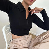 Bonnyshow Women's T-shirt Autumn Winter New Black Long Sleeves Crop Top Casual Fashion Zippers T-shirt Female Turn-down Collar Sexy Tops