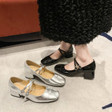 Bonnyshow  High Heels Women's Silver Lacquer Leather Belt Buckle Middle Heel Shoes Retro Style Mary Shallow Mouth Jane Women's Shoes