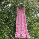 Bonnyshow  Fairycore Gingham Long Dress Plaid Tie Up Strap Elastic Bust A-line Dress 90s Vintage Cute Ruffles Hem Maxi Dress