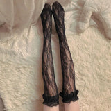 Bonnyshow Japanese Lolita Lace Ruffle Socks for Women Cute Heart Striped Over Knee Stockings Summer Breathable Mesh Lady Thigh High Socks