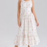 Bonnyshow  Summer 2025 Floral Print Boho Dress Women Front Lace Up Bow O Neck A-line Midi Tank Dresses Elegant Lady Vacation Party Robe