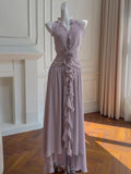 Bonnyshow  Womens Elegant Purple Halter Neck Maxi Dress Ruffled Neckline Ruched Waist Floral Detail Formal Evening Party