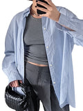 Bonnyshow Women's Shirt 100% Cotton Blue Striped Long Sleeved Leisure And Fashion Versatile Shirt Top Blue Loose Fitting Shirt
