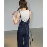 Bonnyshow Overalls Women Streetwear Jumpsuits Vintage Sweet Wide Leg Suspender Pants Preppy Bow Bandage Strap Jeans Trousers