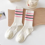 Bonnyshow Colorful Striped Socks for Women Spring Summer Breathable Cotton Sport Sock Korean Solid Color Lady Middle Tube Socks