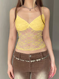 Bonnyshow  Lace Sheer Spliced Women Camisole Tops Summer Sweet Chic Fashion Sexy Slim Fit New Trendy Solid Blouses