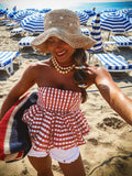 Bonnyshow  Print Red White Checkered Chest Wrap Pleated Fluffy Hem Sleeveless Backless Vacation Versatile Beach Party Trend Tops