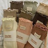 Bonnyshow Korean Cotton Ruffles Middle Tube Socks for Women Solid Color Label Pile up Socks Japanese Lolita Girl Accessories New year gift