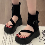 Bonnyshow  Platform Flats Women Ankle Boots Spring Autumn Retro Style Clip Toe Shoes Ladies Causal Slip On Sandalias Booties