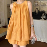 Bonnyshow  Two-Piece Solid Cotton And Linen Suit Women'S Folding Sleeveless Vest Top Women'S Summer New  Thin Loose Shorts