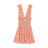 Bonnyshow  women's fashionable slim fit printed deep V-neck waist cinched floral sleeveless temperament summer new dress