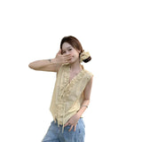 Bonnyshow  Summer New Gentle Temperament Slimming Wood Ear Slimming V-Neck Sleeveless Shirt For Women