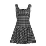Bonnyshow  Fashion Slim Fit Square Neck Camisole Dresses Summer Plaid A-Line Sweet Cute Basic Causal Blouses