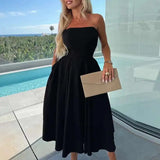Bonnyshow  Casual Sleeveless Solid Party Sexy Strapless High Waist Women Banquet Summer Off Shoulder Hollow Pleated Long Dress