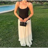 Bonnyshow  Patchwork Contrast Women' Dresses Elegant O-neck Backless Sleeveless Waist Cinching Maxi Dress Female Summer Lady Party Vestidos