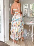 Bonnyshow  Summer Casual Vacation Style Suspender Dress Bohemian Print Cake Dresses Sleeveless Beach Long Dress Women's Vestidos