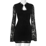 Bonnyshow Red Lace Patchwork Mini Dress for Women Sexy Hollow Out Bodycon Dresses Fashion Flare Long Sleeve Christmas Party Dress