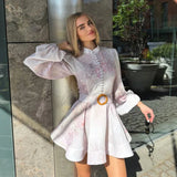Bonnyshow  Elegant Women Print Short Dress With Belt Lapel Sleeveless Pleated Vestidos 2025 Summer Elegant Female Vacation Party Dresses