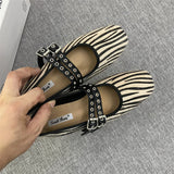 Bonnyshow  Print Heeled Shoes Woman Square Toe Double Buckle Strap Mary Janes Shoes Ladies Elegant Flannel Spring Autumn Pumps