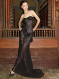 Bonnyshow  Sexy Strapless Transparent Lace Wers Women Maxi Backless Evening Dress Female Autumn New Elegant Party Clubwear